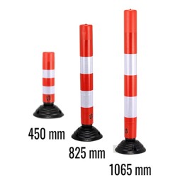 Image de la protection de parking sous forme de potelet de délimitation rayé blanc et rouge sur pied noir PREVENTIMARK.
