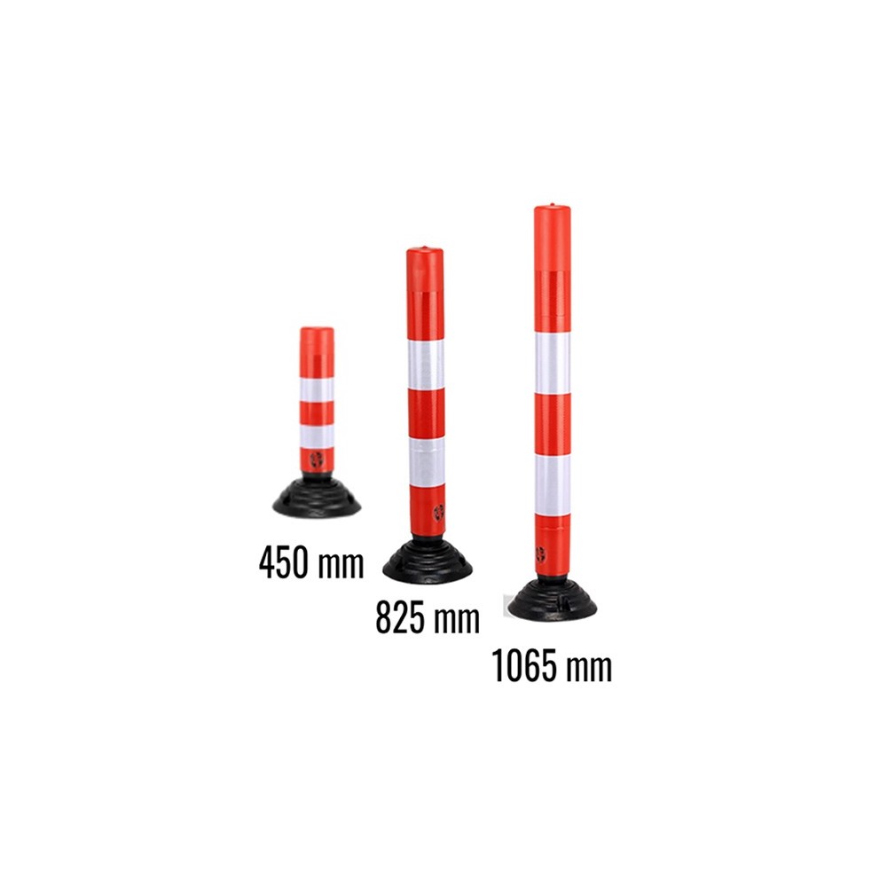 Image de la protection de parking sous forme de potelet de délimitation rayé blanc et rouge sur pied noir PREVENTIMARK.