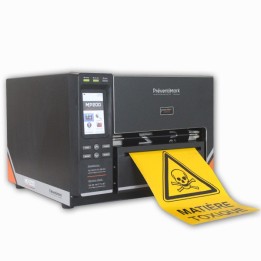 Imprimante MP200 de profil qui imprime une étiquette jaune de danger.