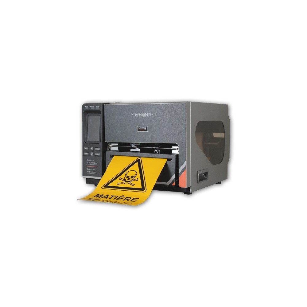 Imprimante MP200 imprimant une étiquette verte avec le logiciel MarkPrint placé à côté.