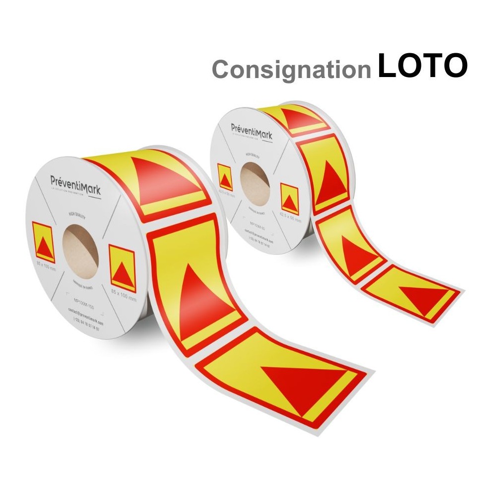 Image de deux rouleaux d'étiquettes LOTO sur fond blanc.