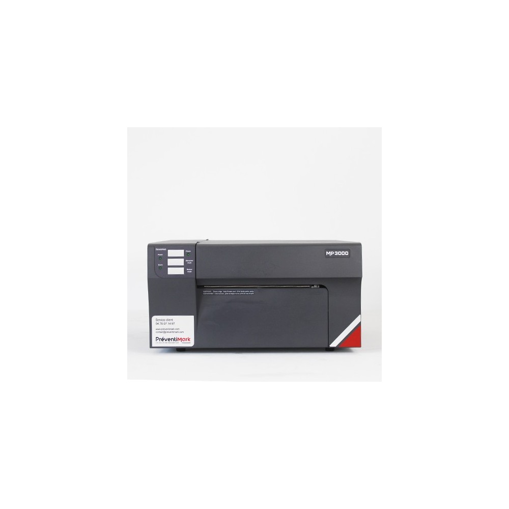 Photo de l'imprimante signalétique multicolore MP3000 de PREVENTIMARK de face, sur fond blanc.