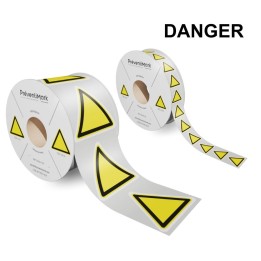 Image de deux rouleaux de pictogrammes de danger préimprimés et prédécoupés, sur fond blanc.
