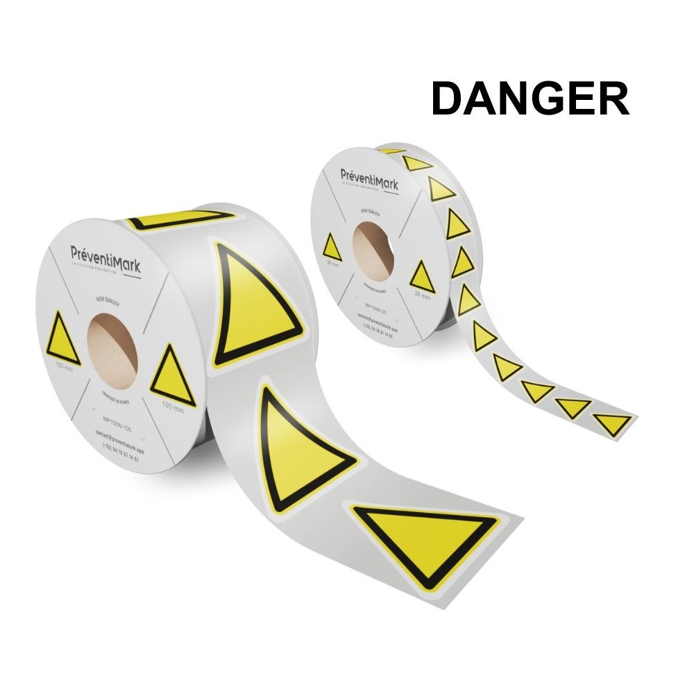 Image de deux rouleaux de pictogrammes de danger préimprimés et prédécoupés, sur fond blanc.