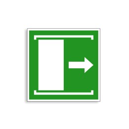 E033 - Faire coulisser la porte vers la droite pour ouvrir, Étiquettes et panneaux d'Évacuation
