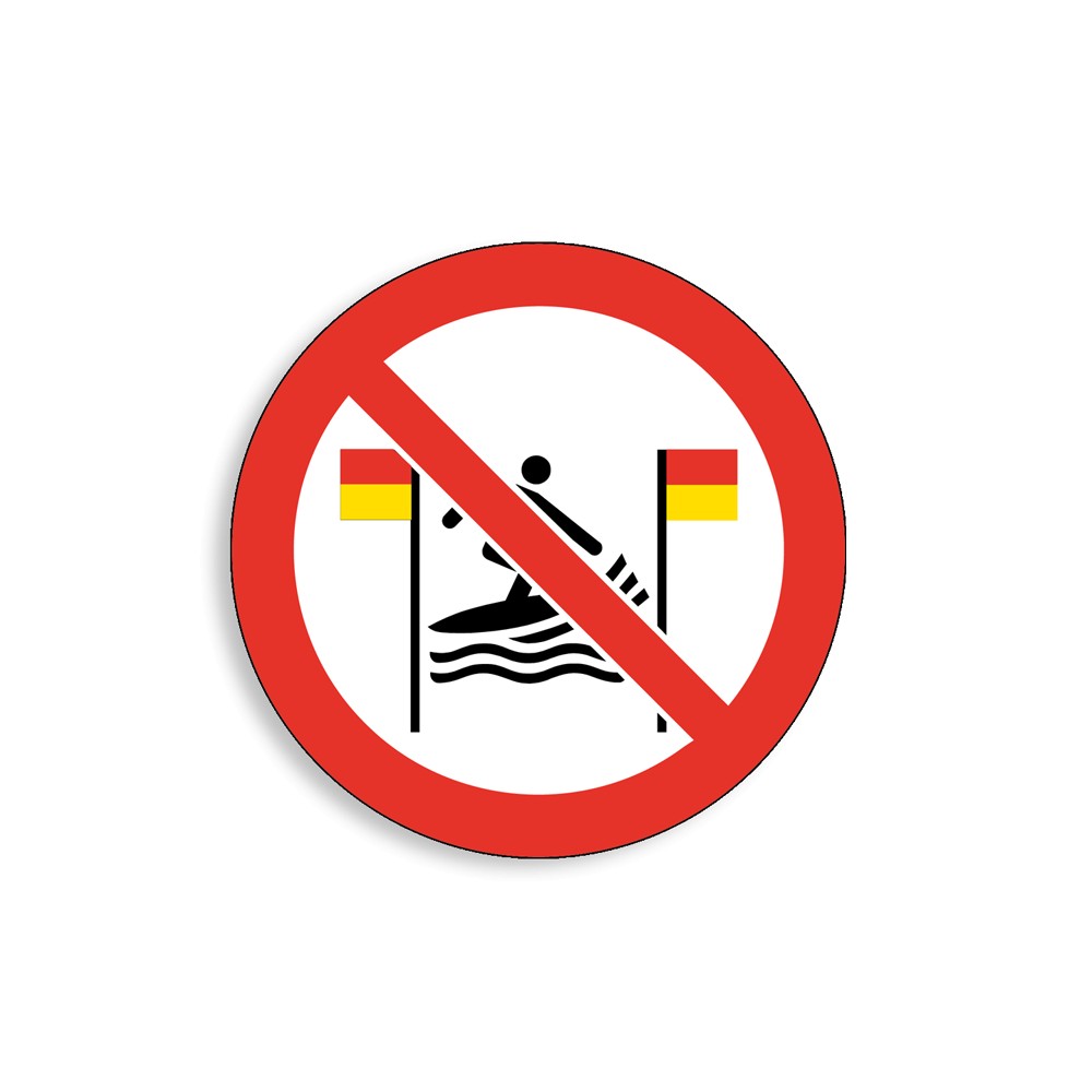 P064 - Pratique du surf interdite entre les drapeaux rouges et jaunes, Étiquettes et panneaux d'Interdiction
