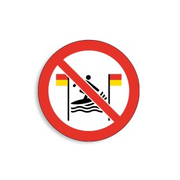 P064 - Pratique du surf interdite entre les drapeaux rouges et jaunes, Étiquettes et panneaux d'Interdiction