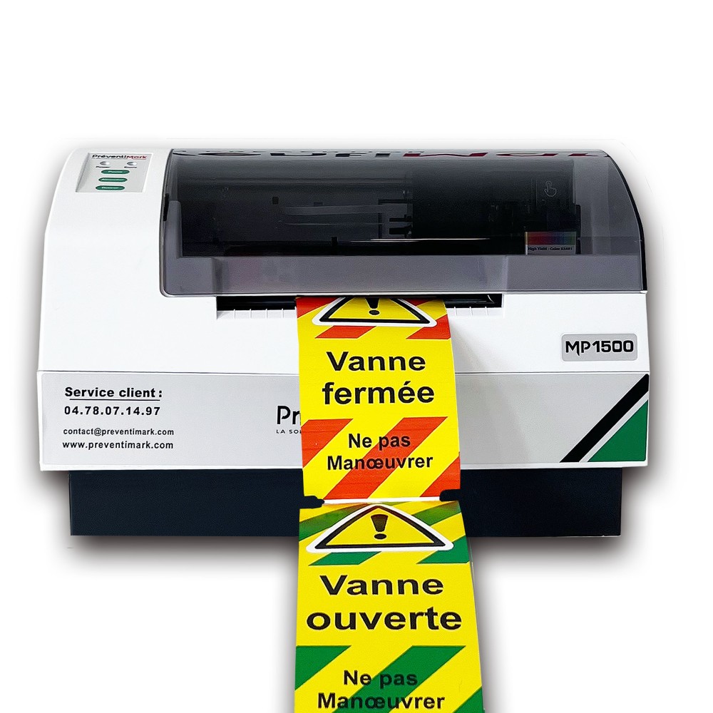 Photo de l'imprimante MP1500 imprimant des étiquettes TAG.