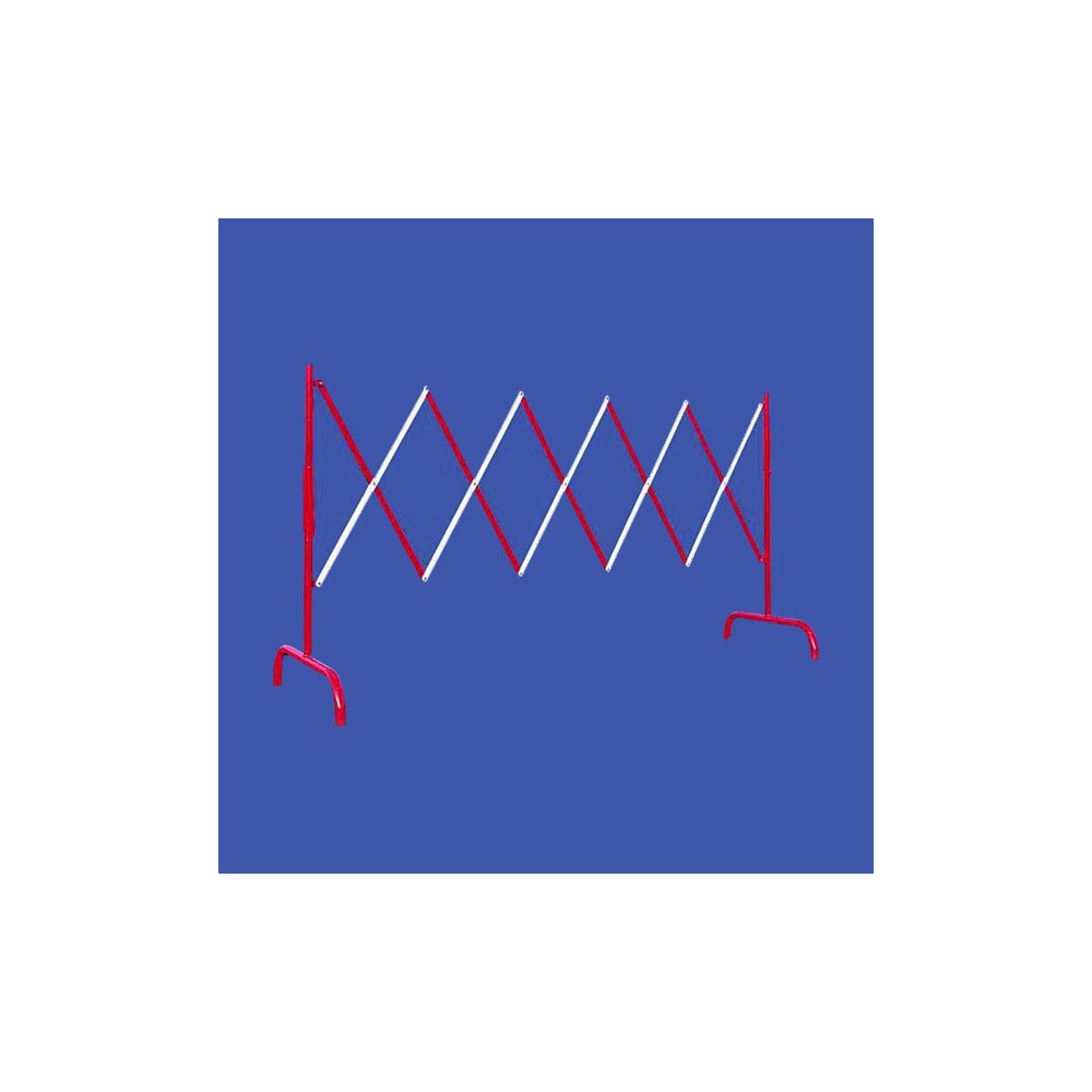 Image de la barrière extensible en acier dépliée sur fond bleu.
