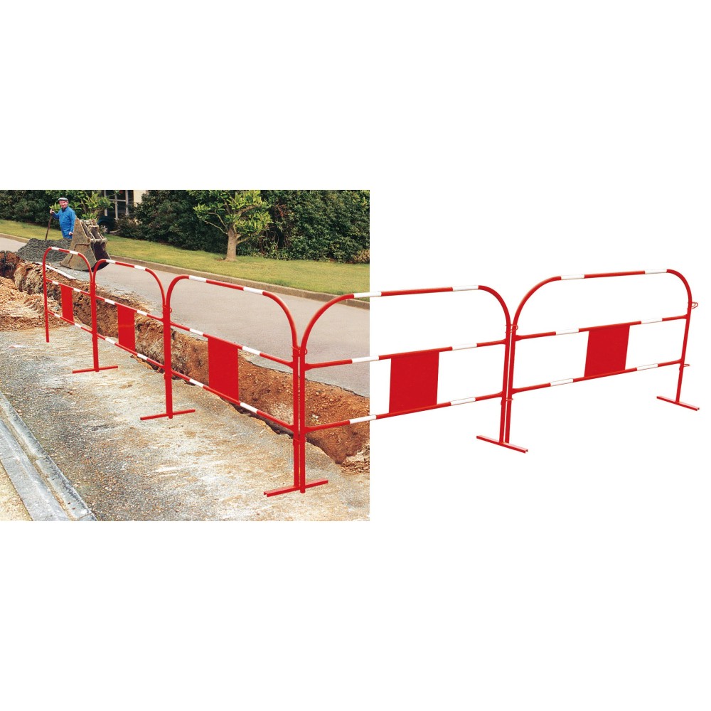 Photo du lot de 5 barrières légères pour travaux temporaires installées autour d'un trottoir en travaux.