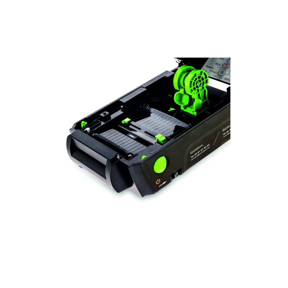 Imprimante thermique signalétique industrielle MP100 avec à côté des marqueurs de tuyauterie préimprimées rouge.